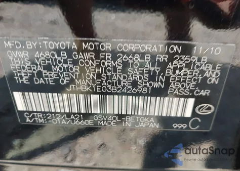 2011 Lexus Es 350 z USA, uszkodzony, nr VIN JTHBK1EG3B2426981